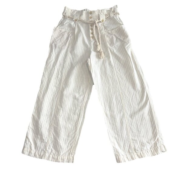 Maeve Anthropologie Cream Wide Leg Paper Bag linen Blend Pants Rope Belt Size 10 - Picture 3 of 12